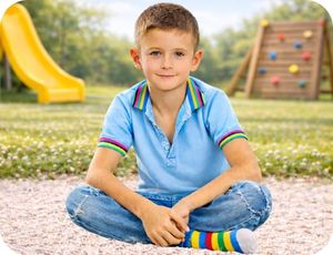 Sedící chlapec čekající na nové barefoot boty na dětském hřišti