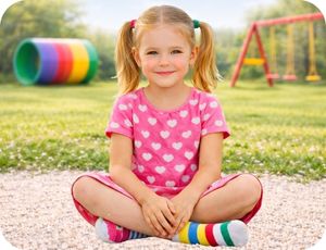 Sedící dívka čekající na nové barefoot boty na dětském hřišti